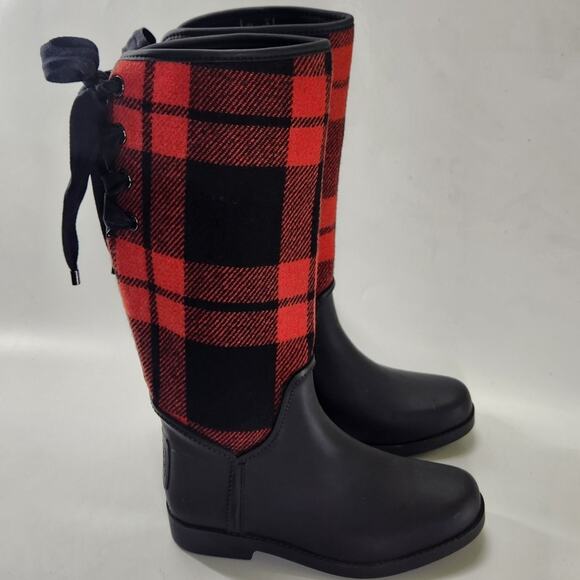 Coach Tristee Rain Boots Red Black Buffalo Plaid 7B Ribbon Back Tie Waterproof - Picture 2 of 9